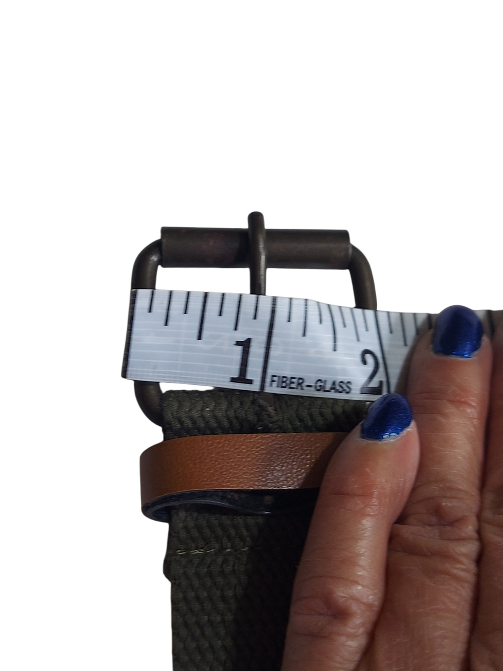 Military Inspired Olive Green Web Belt Brown Faux Leather Trim Adjustable - Picture 6 of 13
